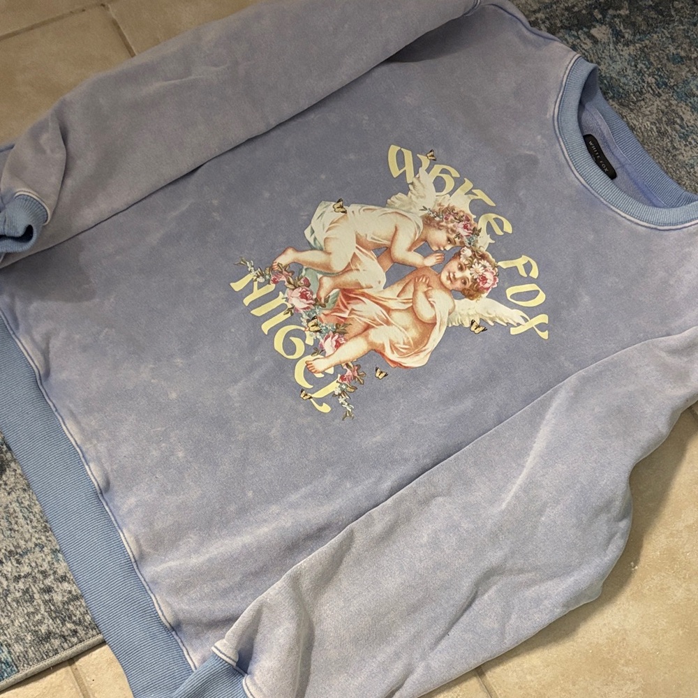 White Fox Boutique oversized Pastel Blue Angel Graphic Sweatshirt(NWOT)